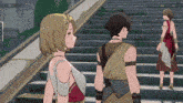 a man and a woman standing on stairs in a video game
