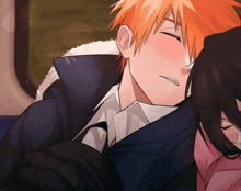 a man with orange hair is hugging a woman