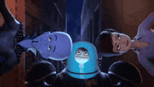 a man and a woman are standing next to each other with an owl coming out of a helmet