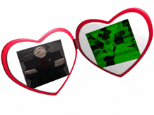 a pair of heart shaped mirrors with a picture of a man in a suit