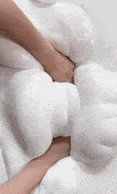 a person 's hands are holding a large piece of white foam