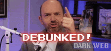 a man in front of a microphone with the words " debunked " on the bottom