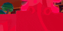 a person in a video game is holding a pink object in front of a building that has a pattern on it