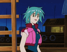 a girl with green hair wearing a pink vest