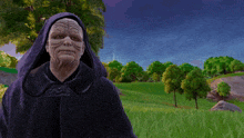 a man in a hooded robe is standing in a field of grass