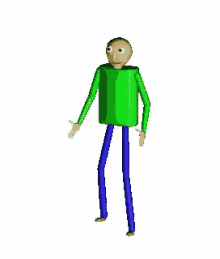 a green cartoon character with blue legs and arms is standing on a white background .