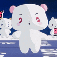 a white teddy bear with pink ears is standing in front of a blue background