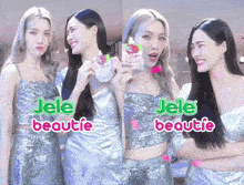 a group of women standing next to each other with jele beautie written in green