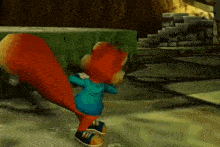 a cartoon squirrel wearing a blue jacket and blue shoes is standing on a wet floor .