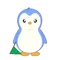 a blue and white penguin holds a green flag in its hand