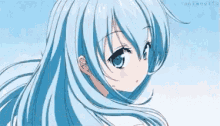 a close up of a anime girl with blue hair and blue eyes .