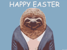 a picture of a sloth in a suit with the words happy easter written above it