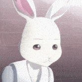a white rabbit with pink ears is standing in front of a pink wall