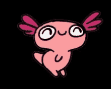 a cartoon drawing of an axolotl with big eyes and pink wings