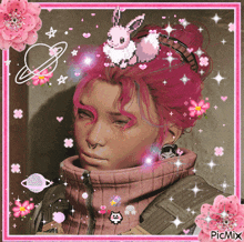 a picture of a girl with pink hair and a pixelated bunny on her head is displayed on picmix
