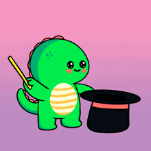 a cartoon of a green dinosaur holding a wand and a top hat
