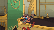 a cartoon drawing of a raccoon with a gun and a spider on the wall
