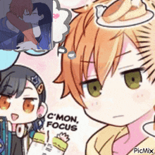 a drawing of a boy and a girl with a speech bubble that says c ' mon focus