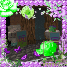 a picture frame with purple flowers and butterflies and the words picmix at the bottom