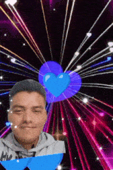 a man with a hoodie that says hw on it is surrounded by fireworks and hearts