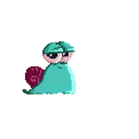a pixel art of a snail wearing a hat and sunglasses holding a heart