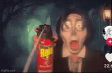 a man in a suit and tie is holding a can of rat killer