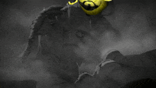 a drawing of a dog with a mustache and a yellow face