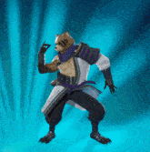 a cartoon character with a purple belt and a white jacket