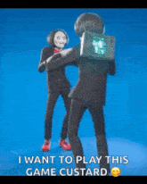 a man in a suit is standing next to another man in a suit holding a tv .