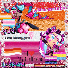 a picture of yuri and a cookie with the words i love kissing girls