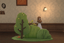 a doll is standing in front of a tree and bush in a room