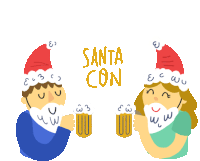 a man and a woman wearing santa hats drinking beer