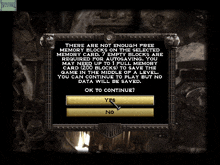 a screenshot of a video game that says there are not enough free memory blocks on the selected memory card