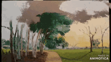 a painting of a path going through a forest is made in animatica