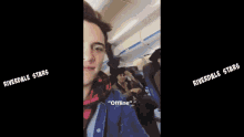 a man is sitting on an airplane with headphones on and the words riverdale stars written on the bottom