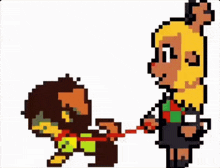 a pixel art illustration of a girl walking a dog on a leash .
