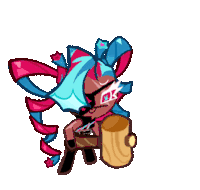 a cartoon character with blue and pink hair is holding a wooden log