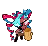 a cartoon character with blue and pink hair is holding a wooden log