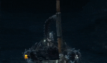 a video game character is standing in a dark room