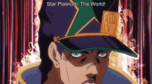 a cartoon character with the words star platinum the world written above him