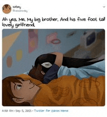 a cartoon of a boy laying on a bed next to a girl .