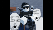 a drawing of a man wearing a shirt that says i am currently playing with boxes