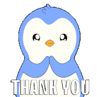 a blue and white penguin says thank you with its hands folded