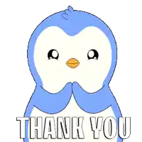 a blue and white penguin says thank you with its hands folded