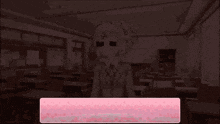 a girl with pink hair is sitting in a classroom with a black square on her face .