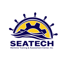 a blue and yellow logo for seatech maritime training & assessment center
