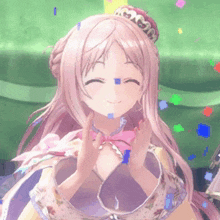 a girl with pink hair wearing a tiara that says ' a ' on it