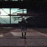 a person in a mask is standing on a metal floor