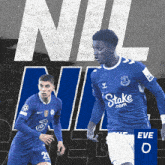 two soccer players wearing blue jerseys with stake.com on them