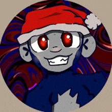 a cartoon character wearing a santa hat with red eyes